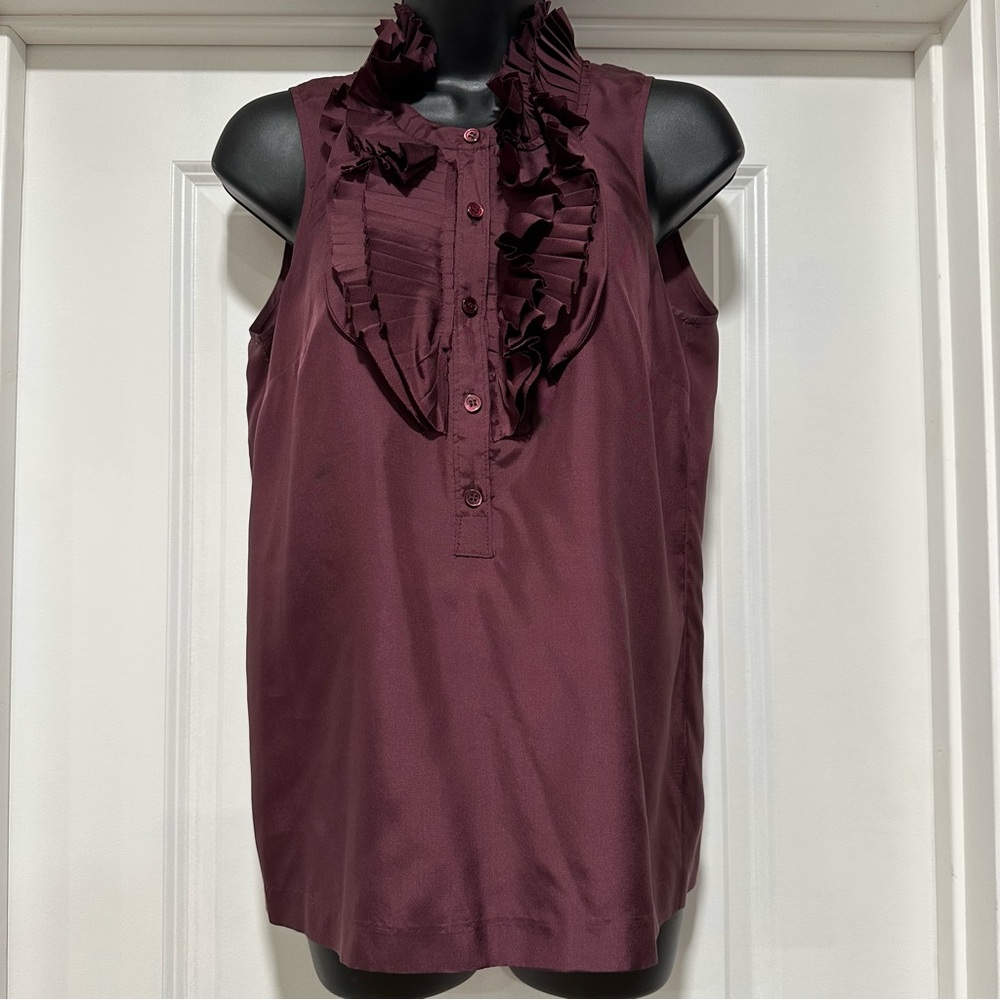 J.Crew Silk Sleeveless Ruffle Pleat Front Blouse Burgundy Wine Size 2